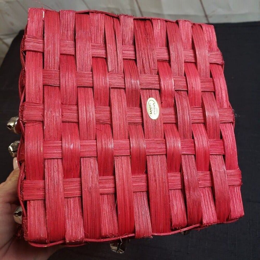 Cute Small Red Wicker Christmas Basket with Bells 5" x 8" tall Holiday Decor - Picture 7 of 11